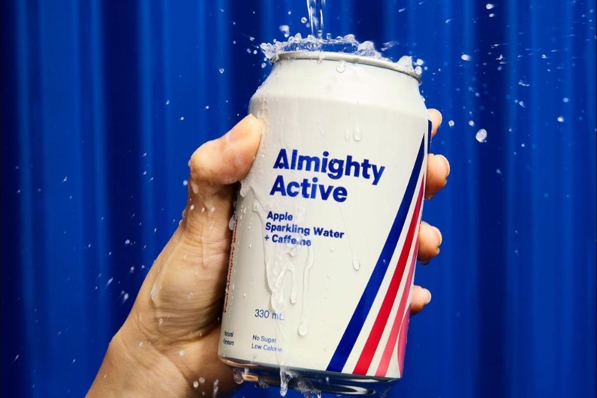 Almighty Active Apple Sparkling Water can splashed with water