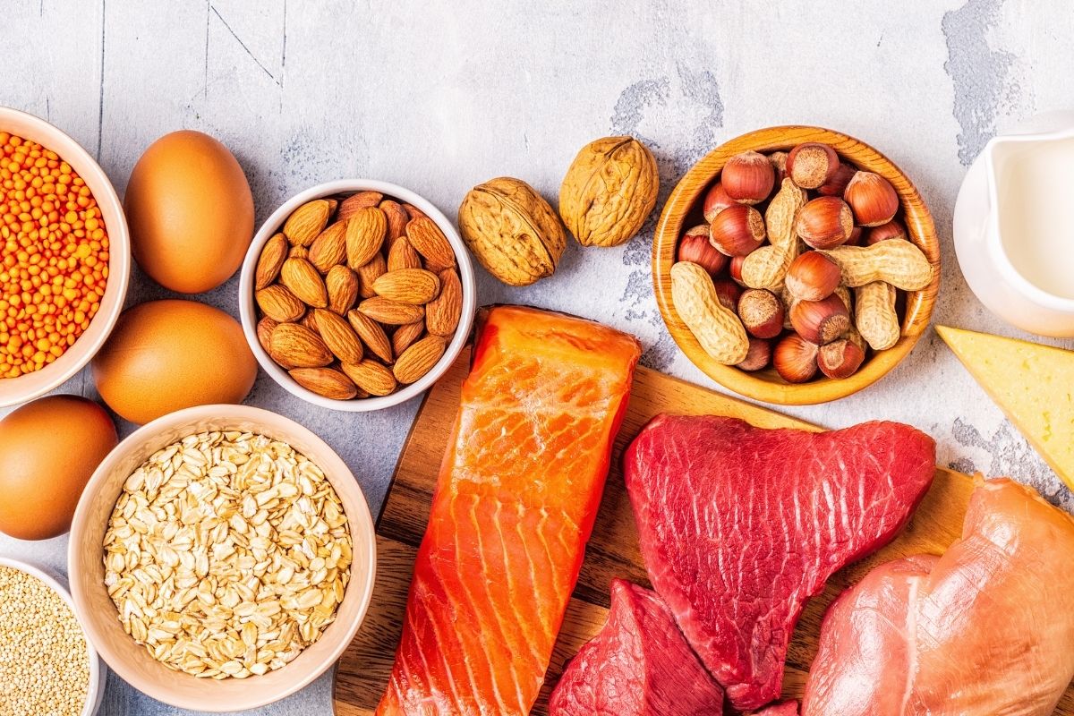Healthy proteins including oily fish, oats, red meat, chicken, eggs and nuts