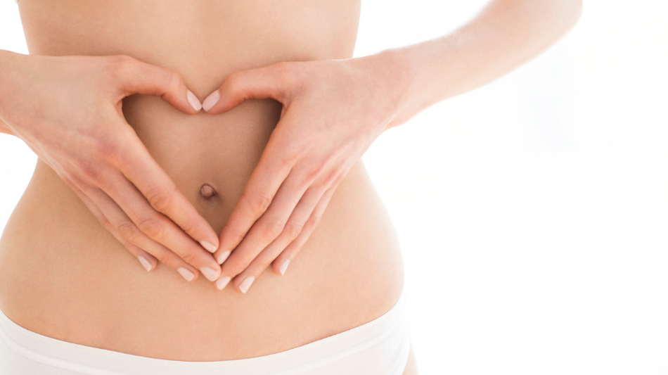 Woman holding hands in front of stomach highlighting gut
